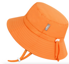 A Jan & Jul orange bucket hat with a adjustable head drawstring and chinstrap.