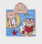 Front view of Mayoral Bears beach towel in blue