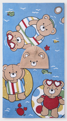 Unfolded view of Mayoral Bears hooded beach towel in blue.