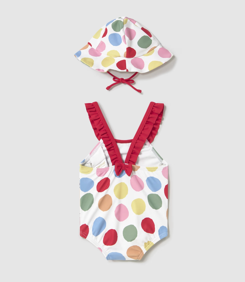 Back view of Mayoral Polka Dot swim set with one-piece suit and hat.