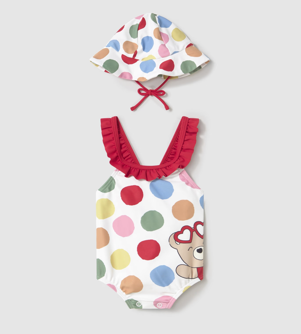 Front view of Mayoral Polka Dot swim set with one-piece suit and hat.