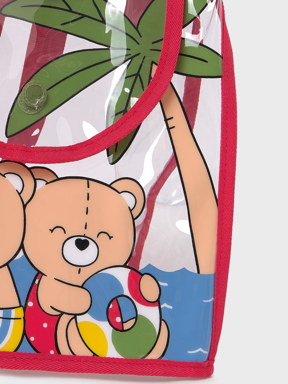 Close up view of the front of the Mayoral transparent beach bag with bears at the beach print.