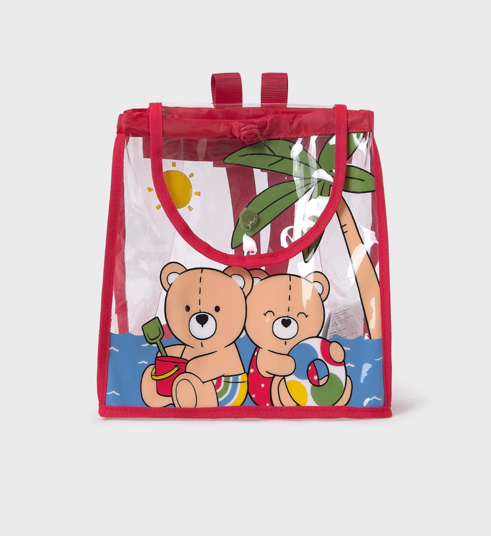 Front of Mayoral Transparent Beach Bag with bear at the beach