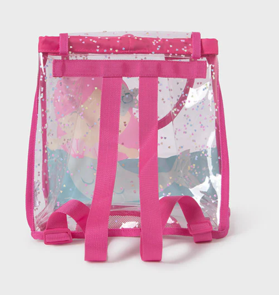 View of the back of the Mayoral transparent mermaid beach bag