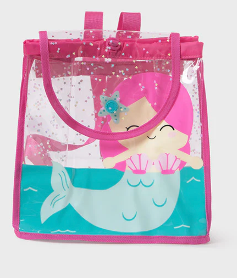 Front view of Mayoral transparent mermaid beach bag