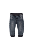 A pair of Mayoral Grey denim joggers with an elastic waistband and five pockets.