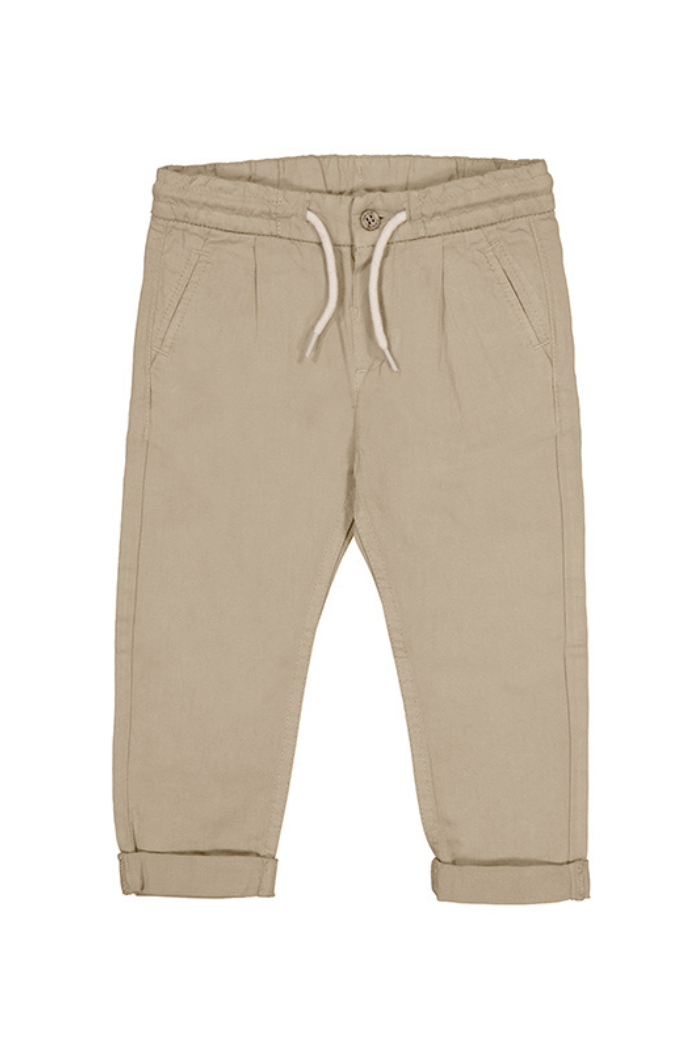A pair of Mayoral beige, relaxed fit, linen khaki pants with a drawstring waistband, displayed against a white background.