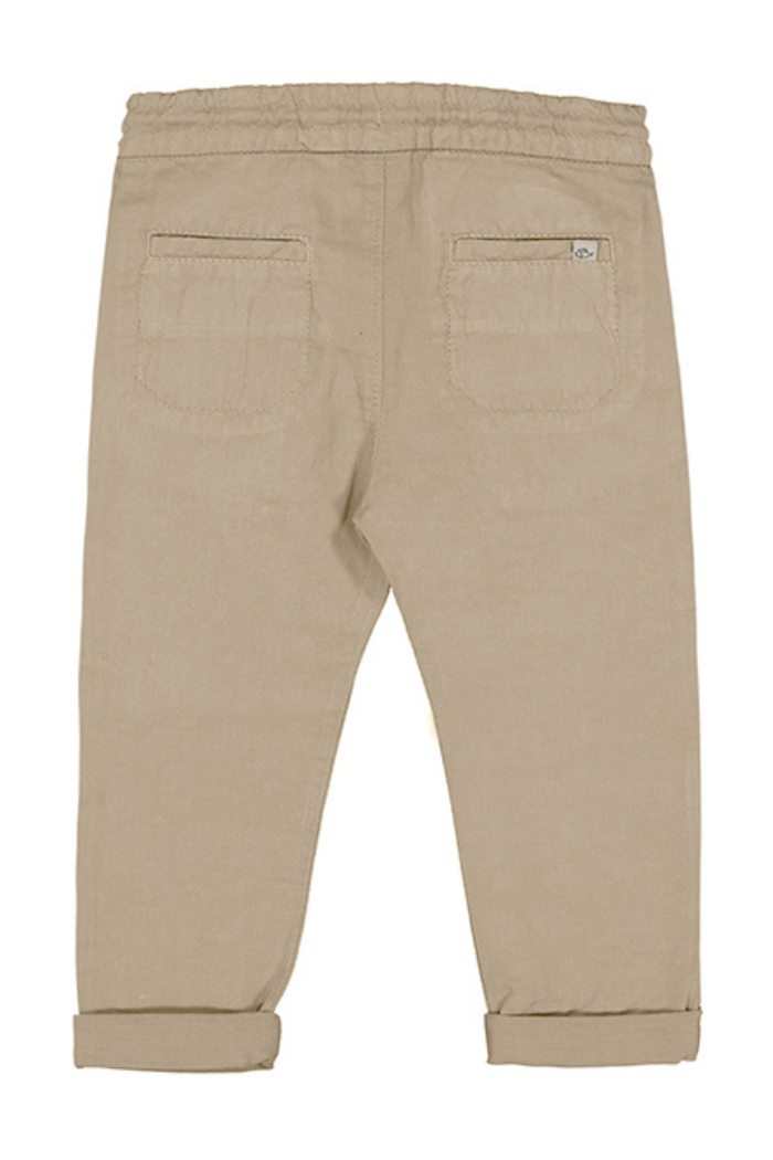 Backside view of Mayoral Linen baby pants with rolled cuffs. 