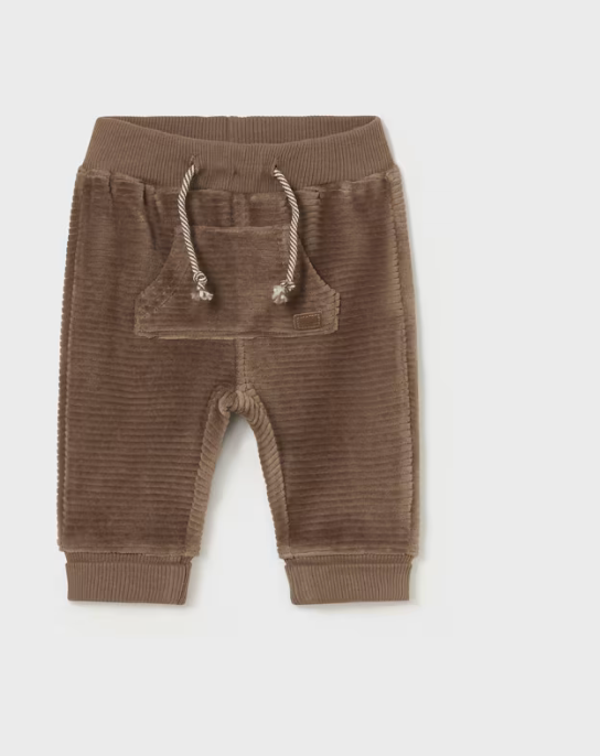 Mayoral Newborn Corduroy in brown with drawstring with white background.