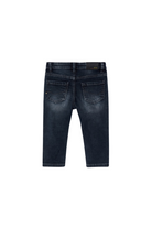The back side of a pair of Mayoral Off Black baby jeans. 
