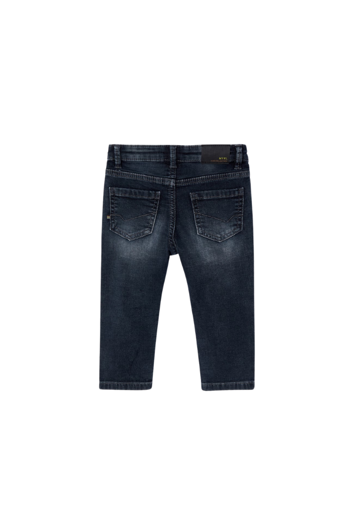 The back side of a pair of Mayoral Off Black baby jeans. 
