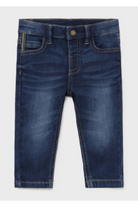 A pair of Mayoral blue denim long pants for baby boy, showing the back pockets and button closure.