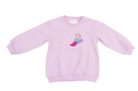 An oversized pink sweatshirt with a colorful mermaid applique on the front.