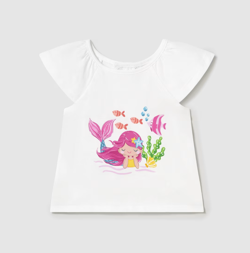 White baby top with a mermaid graphic on a white background