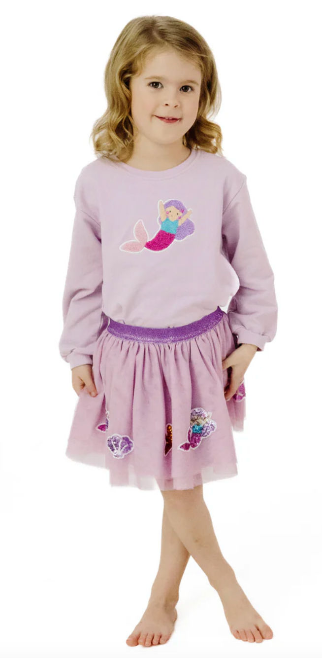 Mermaid purple applique sweatshirt on model