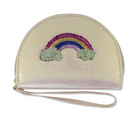 A light pink wristlet with a sequin rainbow print on the front, displayed on a white background.