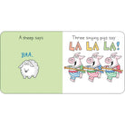 Illustration of a sheep and three pigs from a children's book, with text 'A sheep says BAA' and 'Three singing pigs say LA LA LA!'.