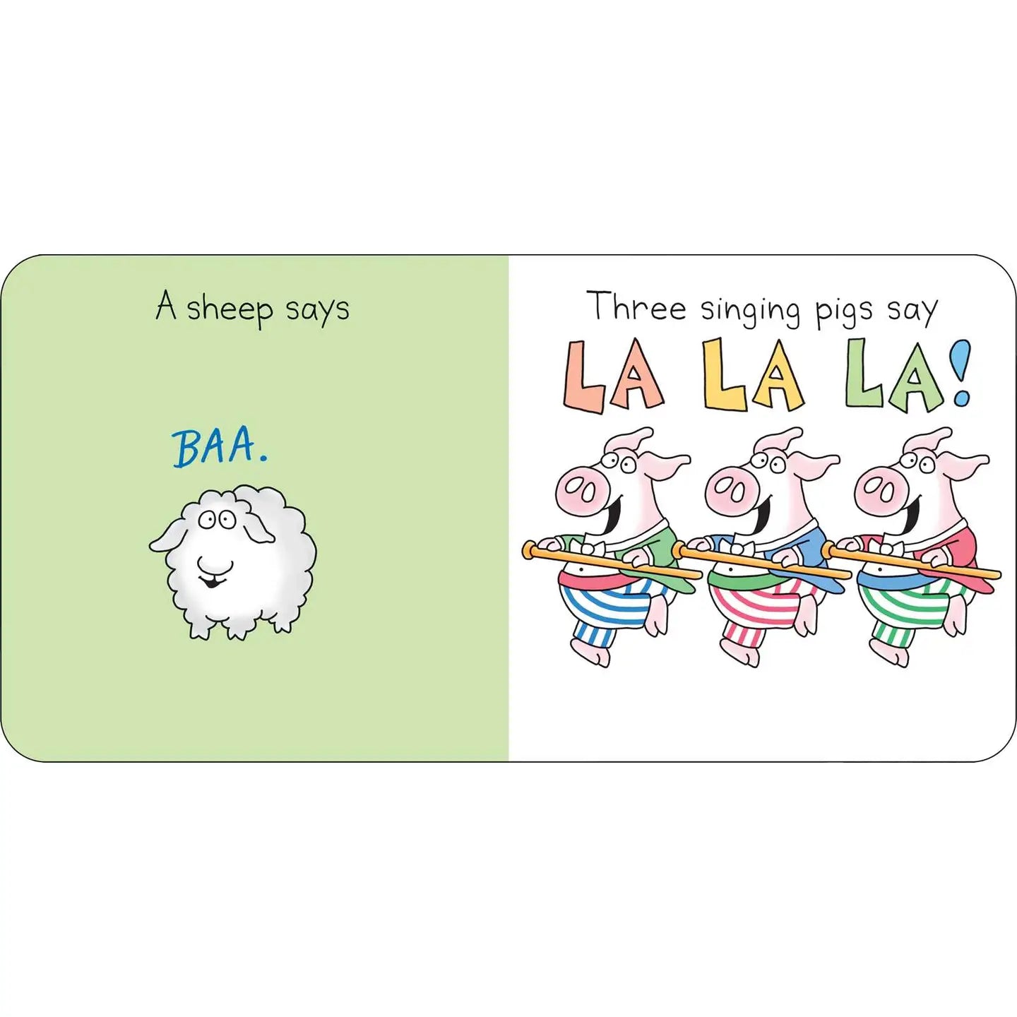 Illustration of a sheep and three pigs from a children's book, with text 'A sheep says BAA' and 'Three singing pigs say LA LA LA!'.