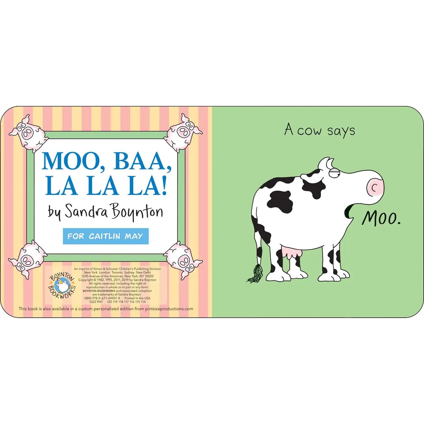 Children's book cover with a cow illustration and text 'Moo, Baa, La La La!' by Sandra Boynton.