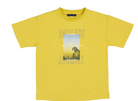 Yellow t-shirt with graphic design and text on a white background
