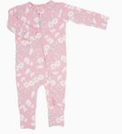 A pink floral print convertible romper with long sleeves, designed for babies