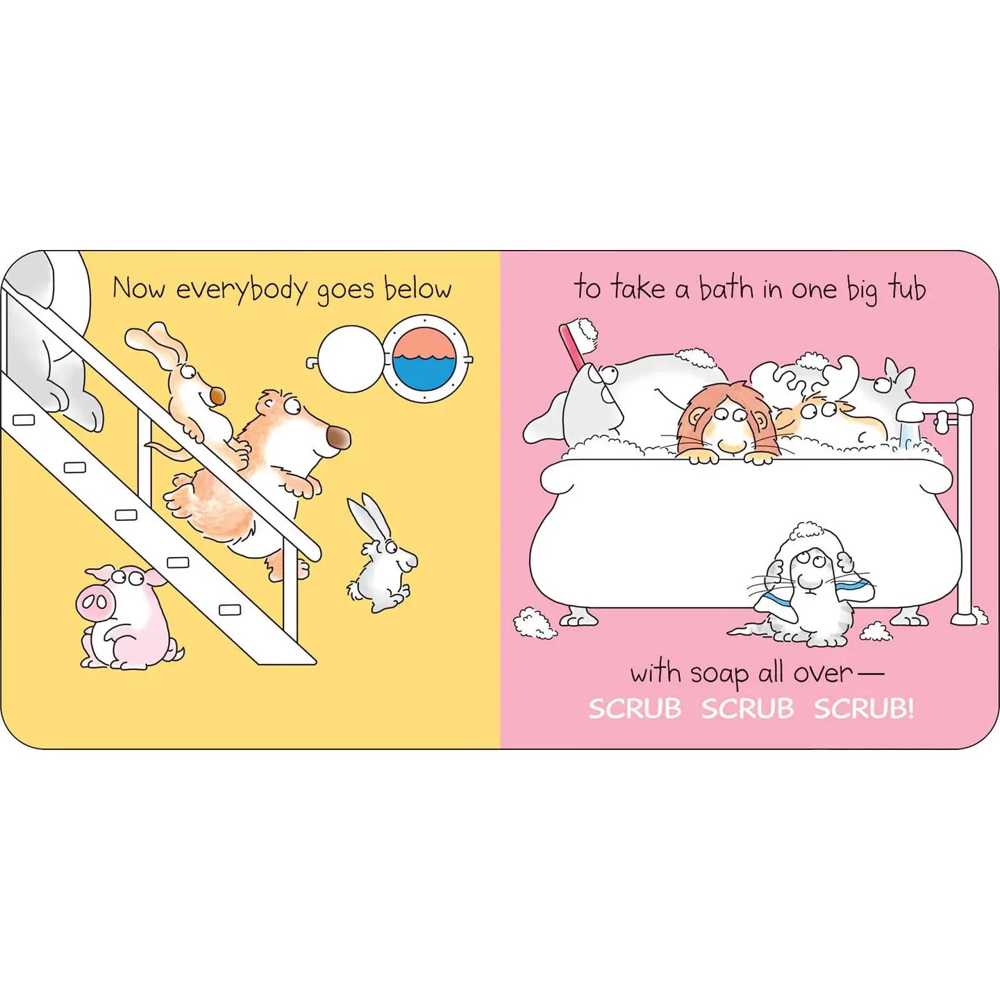 Cartoon illustration of animals going down a slide and into a bathtub with text.