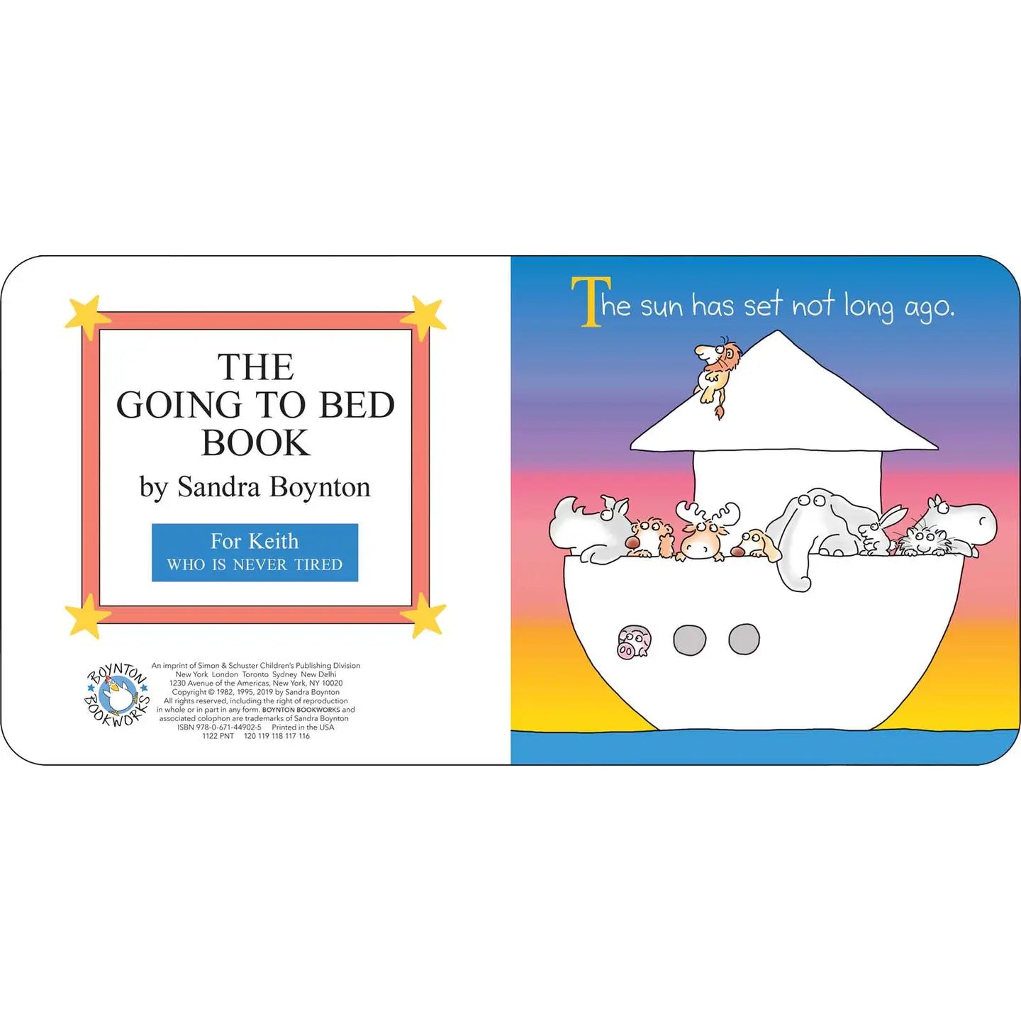 Cover of 'The Going to Bed Book' by Sandra Boynton with cartoon illustrations and text.