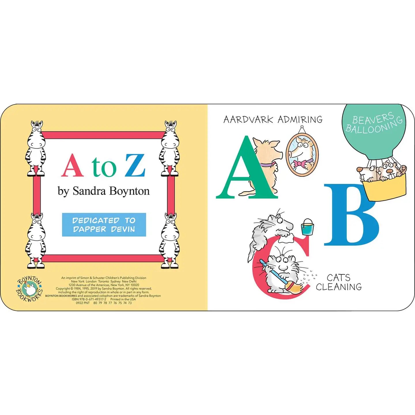 Children's book cover 'A to Z' by Sandra Boynton with colorful illustrations and alphabet letters.