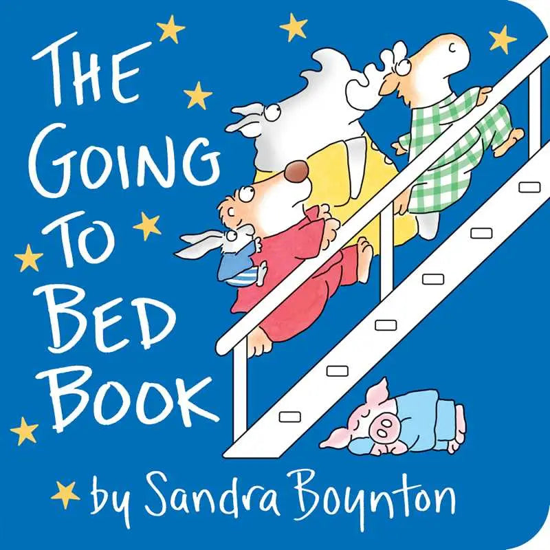 Cover of 'The Going to Bed Book' by Sandra Boynton with cartoon characters on a blue background.