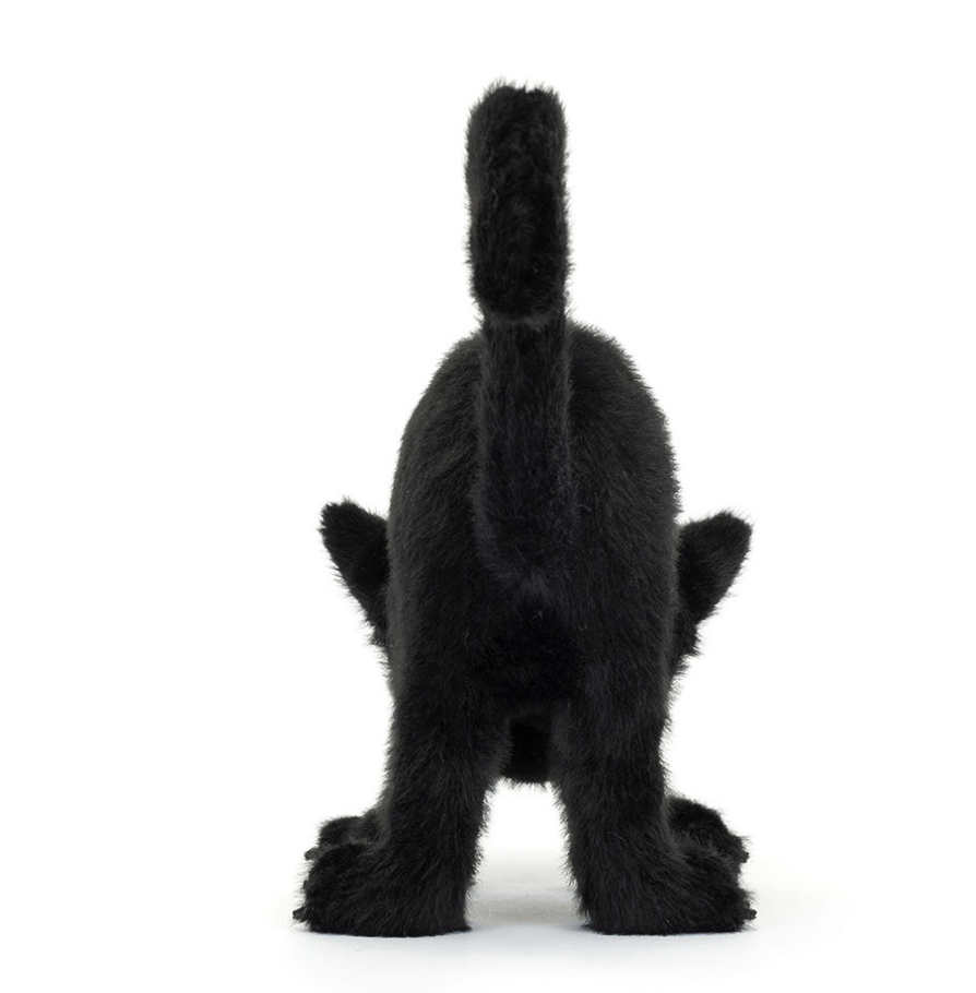 Sppokiepaws Jellycat black plush toy from behind on a white background