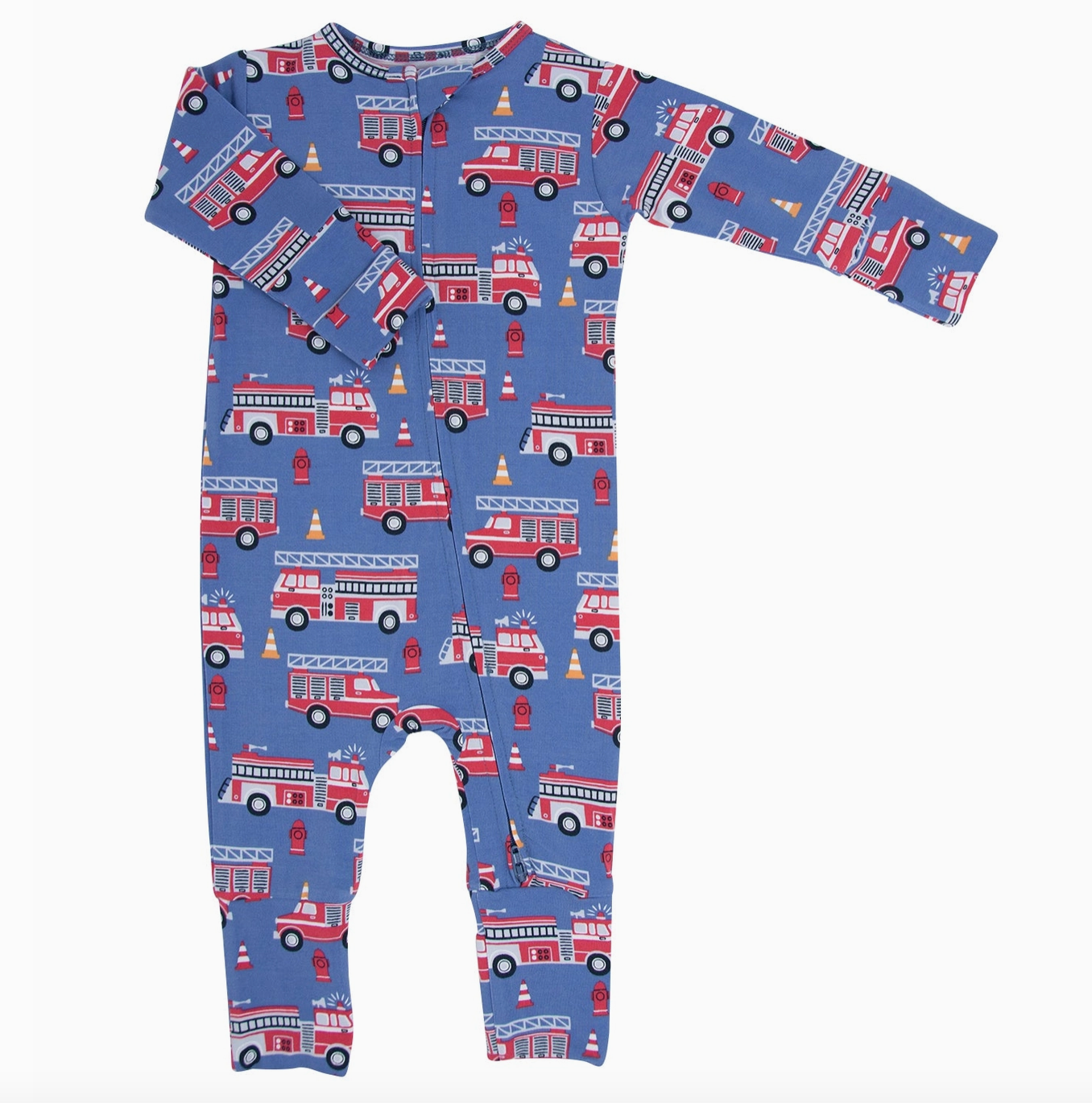 Sweet Bamboo long-sleeved baby romper with foldover legs and foldover cuff arms, featuring a blue background with red fire engine print.