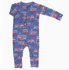 Sweet Bamboo long-sleeved baby romper with foldover legs and foldover cuff arms, featuring a blue background with red fire engine print.