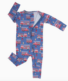 Sweet Bamboo blue convertible romper with red engine fire trucks.