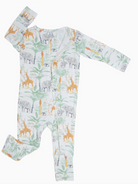 Sweet Bamboo baby onesie with long sleeves, fold over cuffs, and fold over legs, featuring a jungle animal print in green, orange, and gray colors.