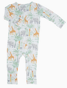 Sweet Bamboo baby romper with long sleeves, foldover cuffs, and foldover legs, featuring a jungle animal print in green, orange, and gray colors.