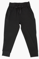 Sweet Bamboo black bamboo fabric children's pants with double-sided pockets and a drawstring waistband.