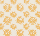 Pattern of yellow suns with spiral centers on a beige background