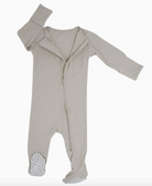 Sweet Bamboo beige footed onesie with gripper feet. 