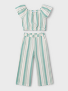 front view of wide legged green and white pant set