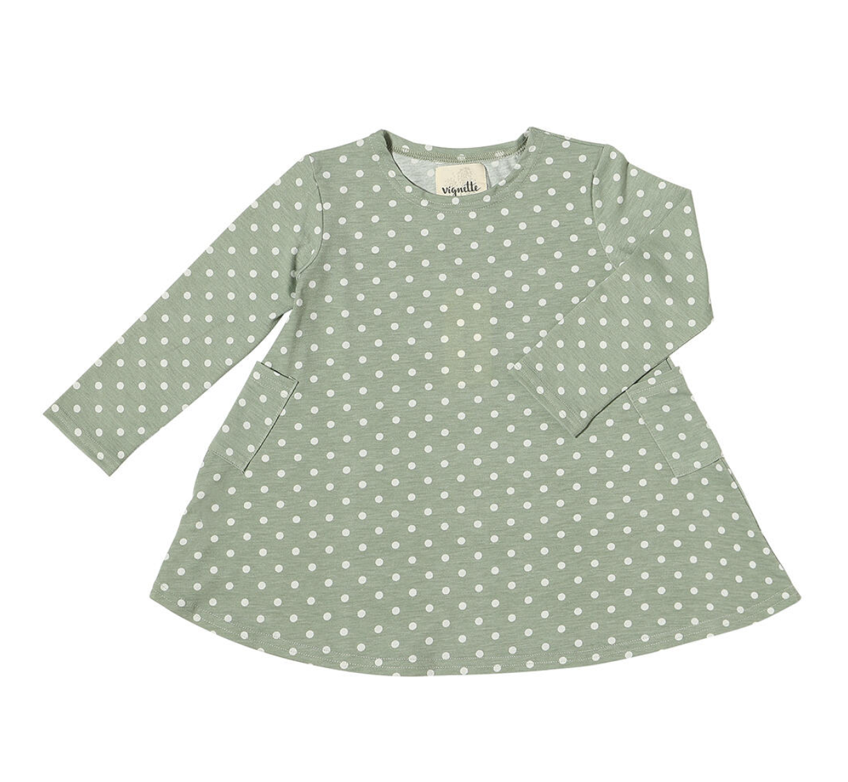 Polka Dot baby dress in sage green with white polka dots