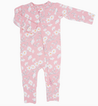 pink baby pajamas made from bamboo with a white daisy pattern